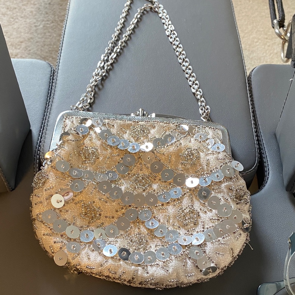 Silver Sequin Evening Bag Clutch with Chain Strap